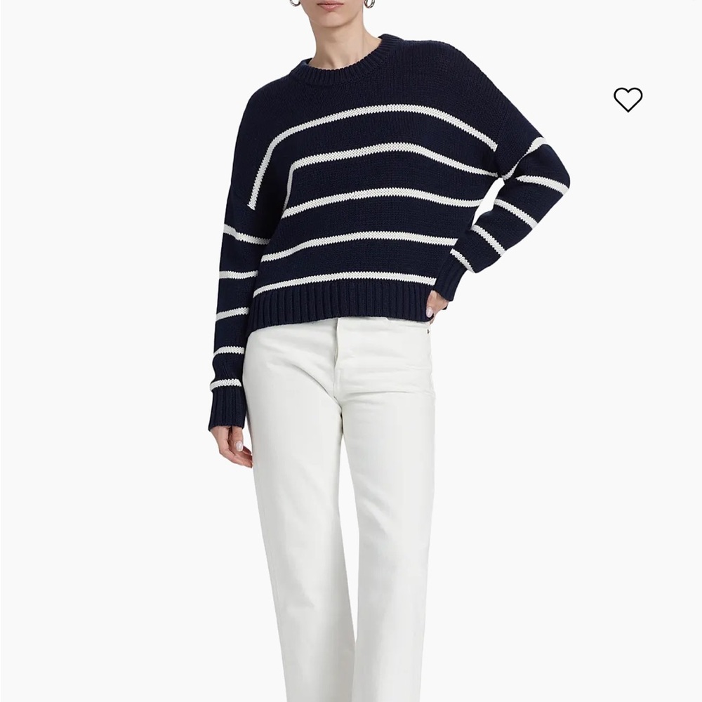 Jenni Kayne Chloe Striped Cotton Crewneck Sweater Boxy Navy Blue White Stripe L - Picture 11 of 11